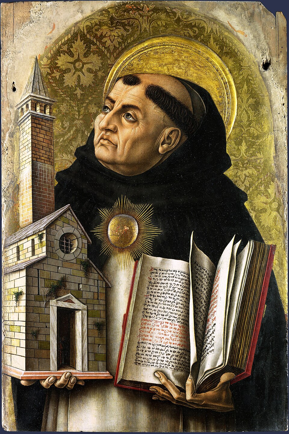 Carlo Crivelli's painting of St. Thomas Aquinas holding a church and an open book